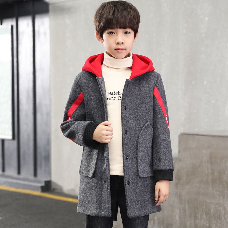 Winterjassen jongens effen wollen enkelrijs babyjongens trenchcoat hoodie 5-14 y kinderkleding jassen voor jongens windjack: 12