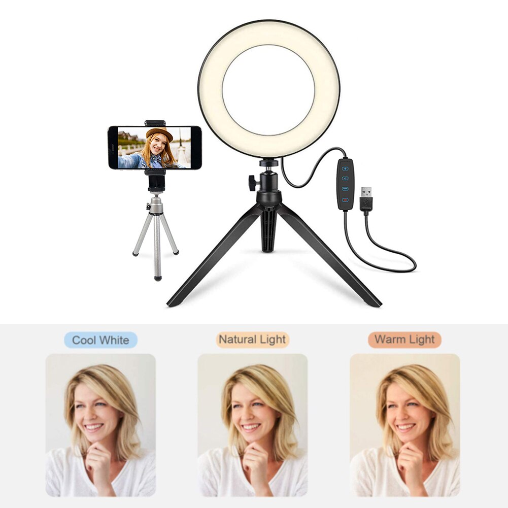 Video Makeup 6 inch LED Ring Light with Tripod + Phone Holder 3 Light Modes