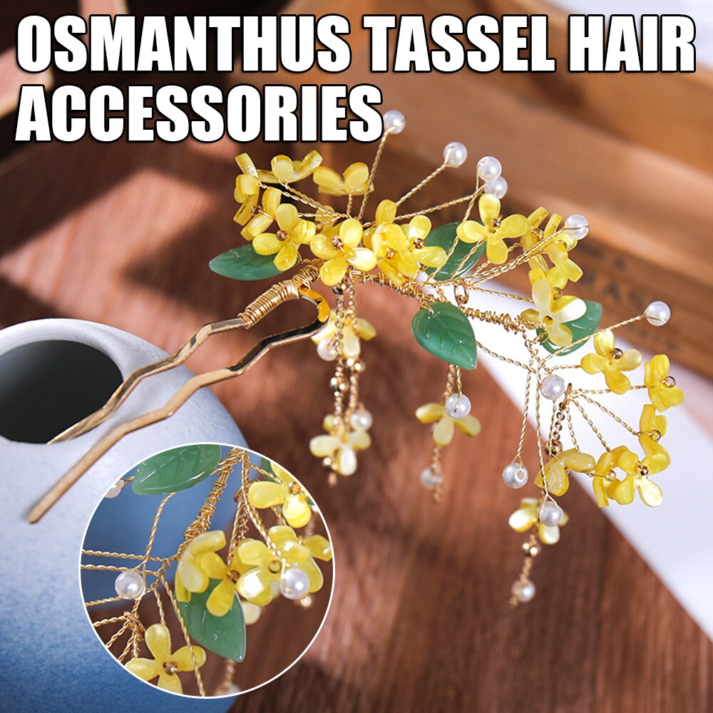 Chinese Ancient Style Hairpins Clips Yellow Osmanthus Fragrans Flower Hair Sticks Forks for Women Girls Hanfu Dress Hair Jewelry