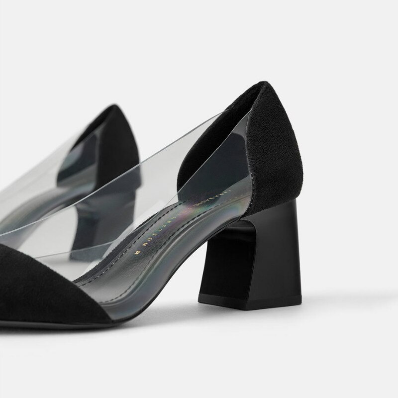 LTARTA buty damskie szpiczasty nosek szwy przezroczyste gumowe szpilki buty nowe niskie usta czarne zamszowe buty na obcasie FCH