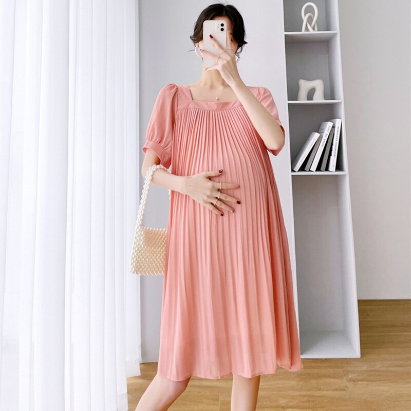 Saashi Loose Pleated Linen Maternity Dress for Pregnant Women, Short Sleeve Plus Size Outfit