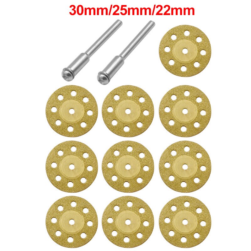 10 stuks/set 22/25/30mm mini diamant zaagbladen zilverkleurige slijpschijven met 2x aansluitschachten voor dremel boormachine passend op roterend gereedschap