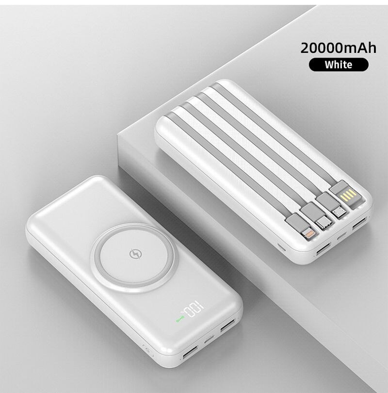 Pinzheng 20000Mah Draadloze Power Bank Ingebouwde 4 Kabels Powerbank Draagbare Externe Batterij Oplader Voor Iphone 12 Pro xiaomi 10: White 20000mAh