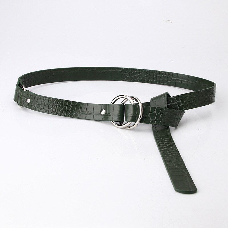 Unique Stone Grain Pu Belt Women Double Ring Thin Belts Female Jeans Dress Waistband Brand 2022: Green