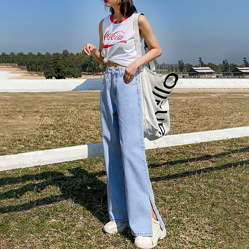 Zomerse gescheurde jeans voor dames, hoge taille denim jeans, harembroek voor dames, coole wijde pijpen, lange blauwe broek