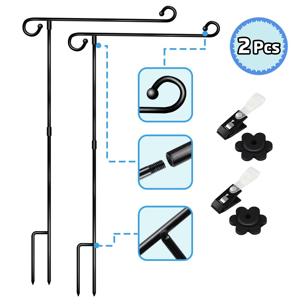 2 Pack Garden Flag Stand Holder Easy to Install Strong and Sturdy Wrought Iron Yard Flag Pole with 2 Pair Garden Flag Stopper: Default Title
