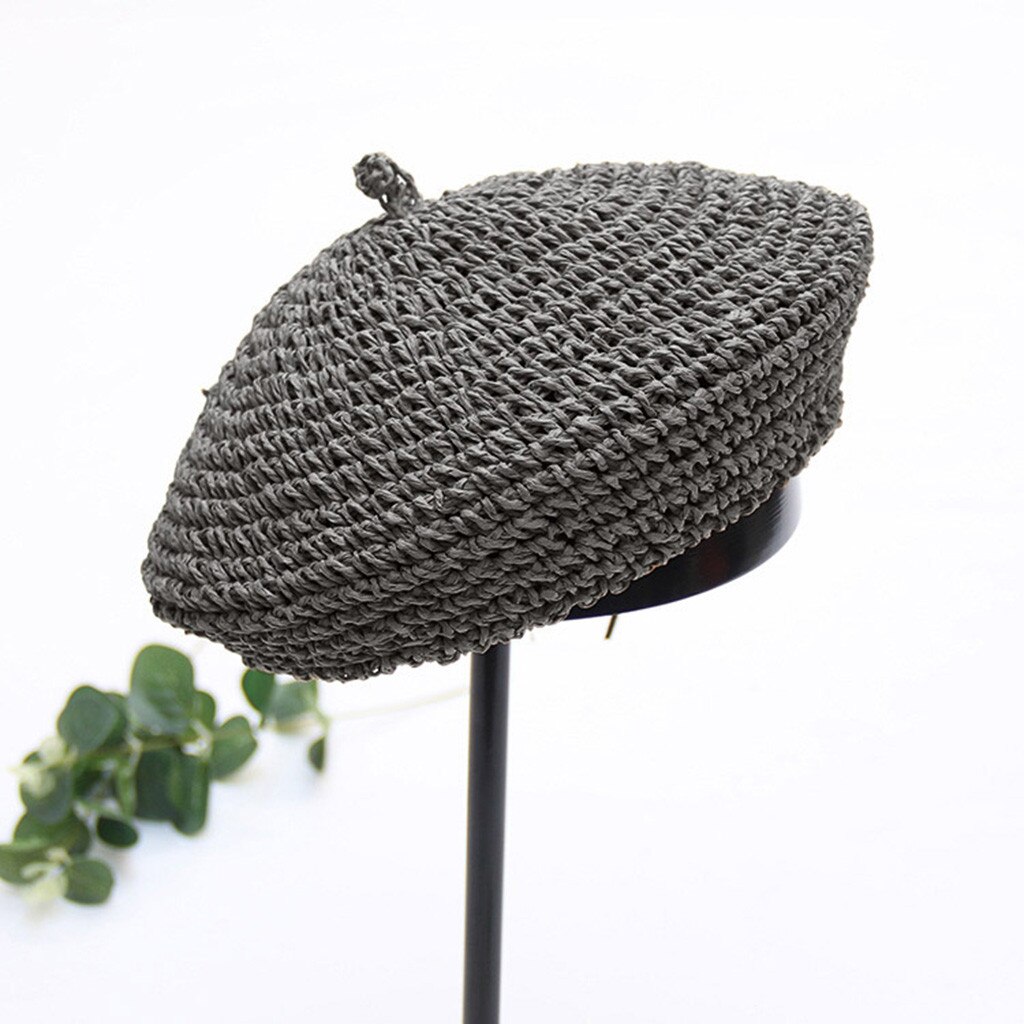 Handmade Women Berets French Female Straw Hats Girl Flat Cap Knit Black Beret For Woman Summer #L5: Black