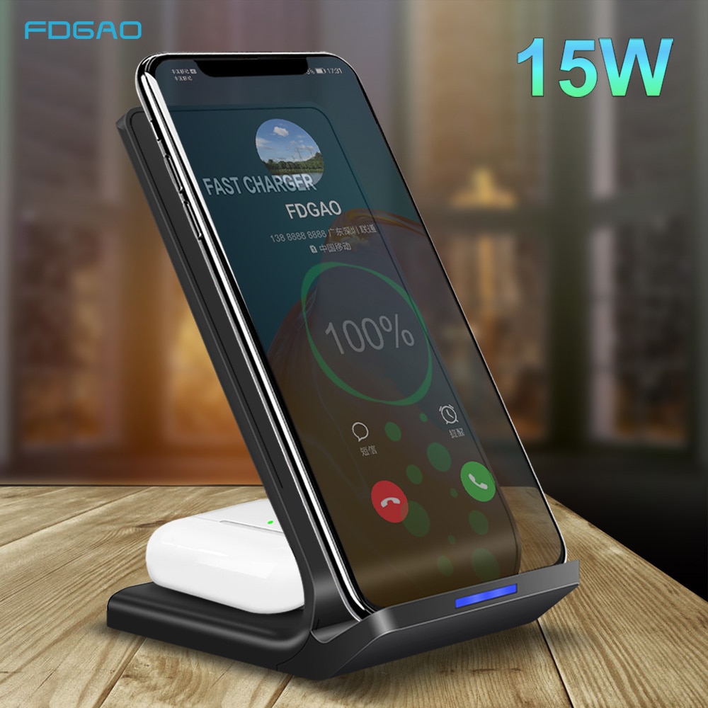 15W Quick Charge 2 in 1 Wireless Charging Stand Dock for iPhone 11 XS XR X 8 Samsung S20 S10 Plus USB C Wireless Charger Holder