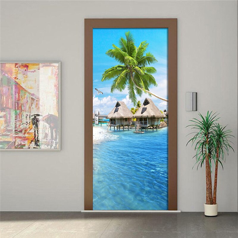 3D Door Decoration Wallpaper Modern Seascape Door Sticker Self-adhesive Waterproof Poster Home Door Mural Decal Wall Sticker