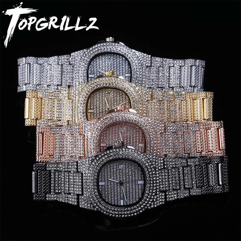 Topgrillz Iced Out Diamond Watch Quartz Gouden Hip Hop Horloges Met Micropave Cz Rvs Horloge Klok Relogio