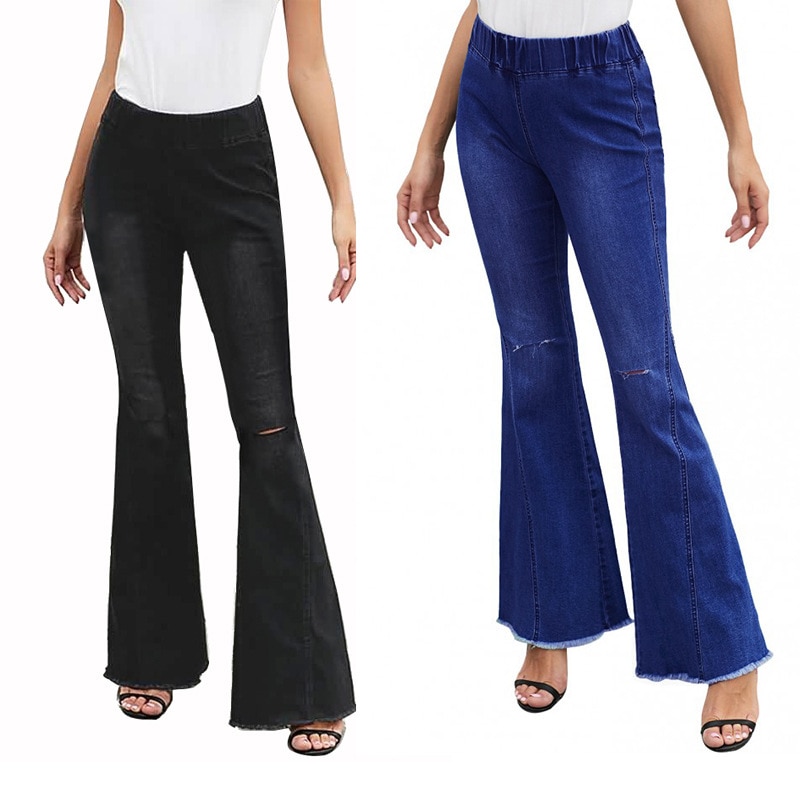Women Hollow Hole Denim Flare Jeans Boyfriend Jeans Ladies High Waist bell bottom jeans Pants Autumn Loose Wide Leg Jean