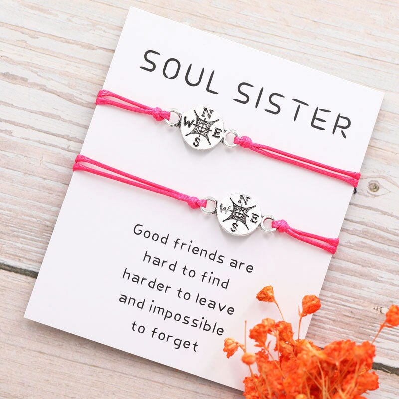 2Pcs/Set Soul Sister Compass Bracelet Friendship Long Distance Compass Charm Couple Bracelet Compass Jewelry Best Friend: Rose Red