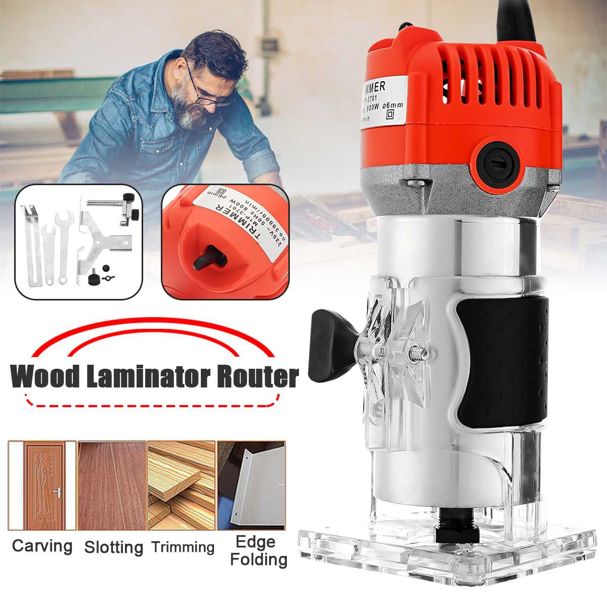 800W 220V 30000RPM Electric Hand Trimmer Wood Router Laminate 6.35mm Durable Motor DIY Carving Machine Woodworking Power Tool