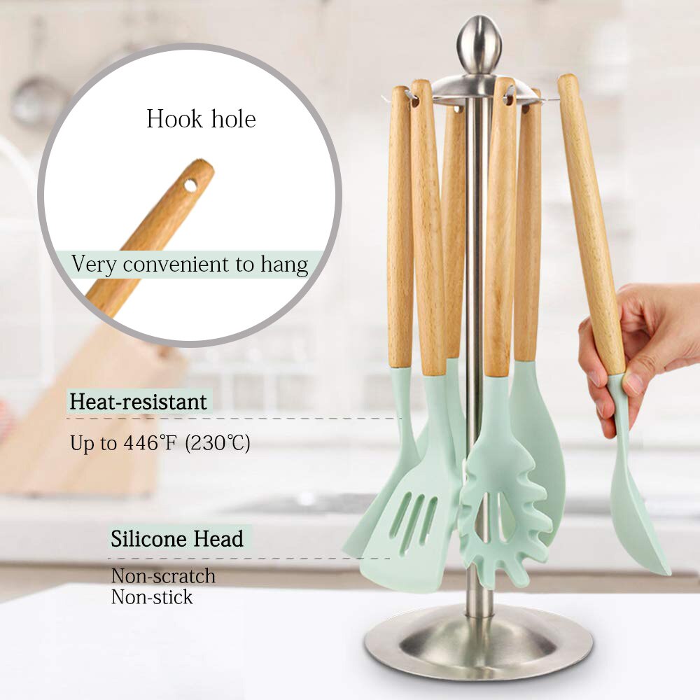 Silicone Cooking Utenils Spatula Spoon Kitchen set Wooden Handle Silicone Kitchenware Set on-Stick Cooker Cooking Spoon