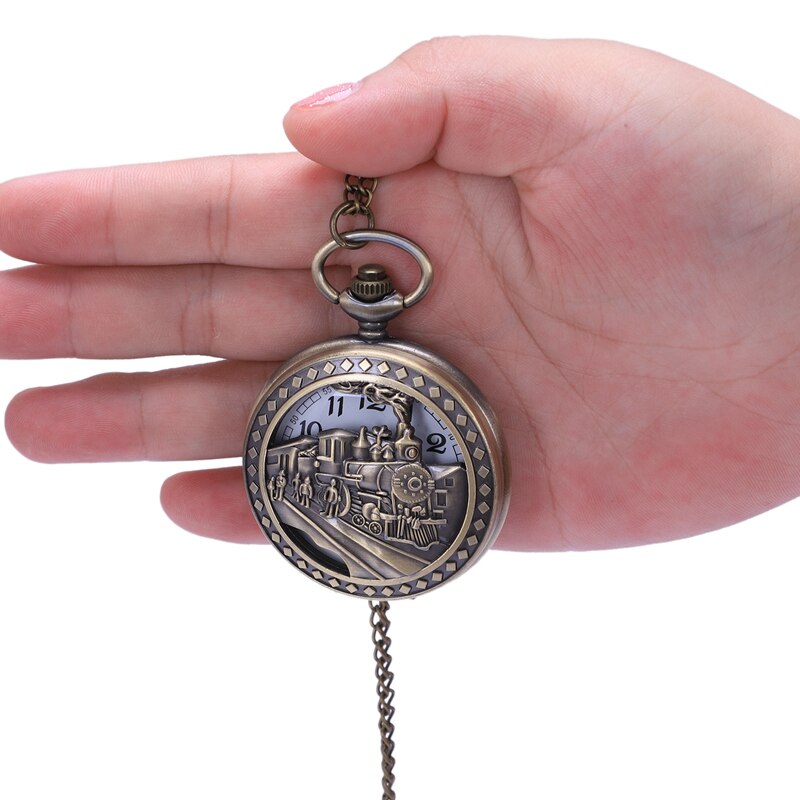 Vintage Charming Carved Train Watch Openable Hollow Quartz Watch Classic Men Women Necklace Pendant Chain Clock