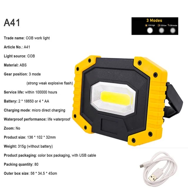 Foco LED COB portátil de 100W, Lámpara de trabajo ultra brillante, recargable por USB al aire libre para acampar, lámpara de emergencia 18650: Rosa / 4,5 W