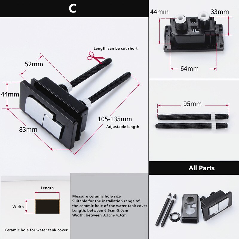 Square toilet push button closestool water tank flush double-press key button switch water tank accessories,JO21019: Square Buttons C