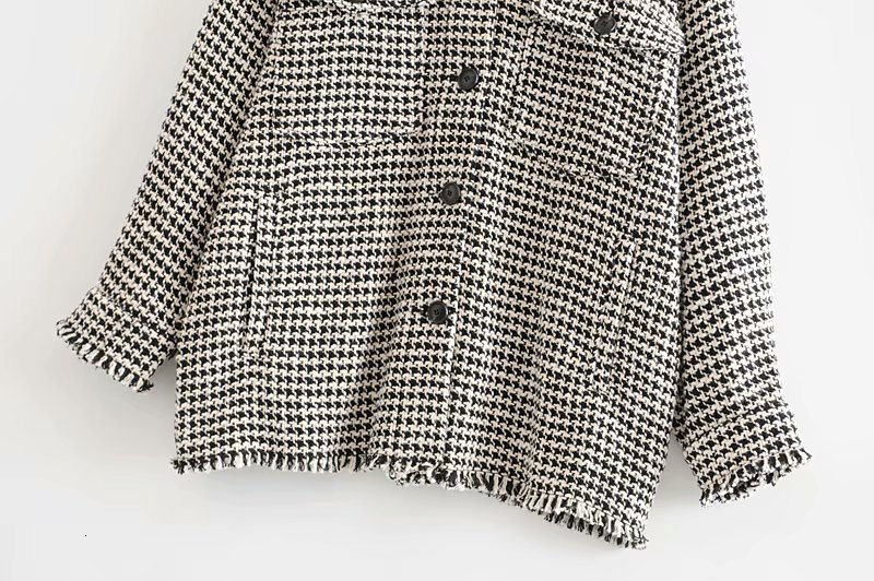 Twill tweed jakke dame vintage enkeltradet kvast frakke europæisk houndstooth jakke plus size oversize frakke