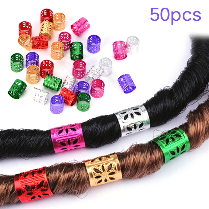 50Pcs 6 Colors Mixed Dreadlock Beads Adjustable Hair Braids Cuff Clip 1x1cm Hole Micro Ring Beads