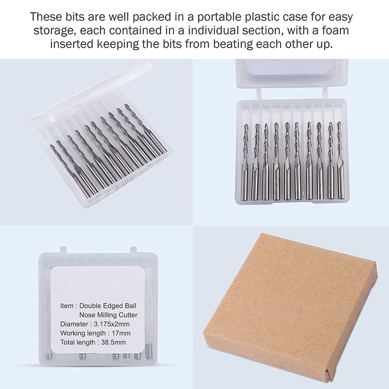 10Pcs CNC Router Bit 2mm Ball Nose End Mill 2-Flute Spiral Upcut Milling Cutter Engraving Carving Tool Set