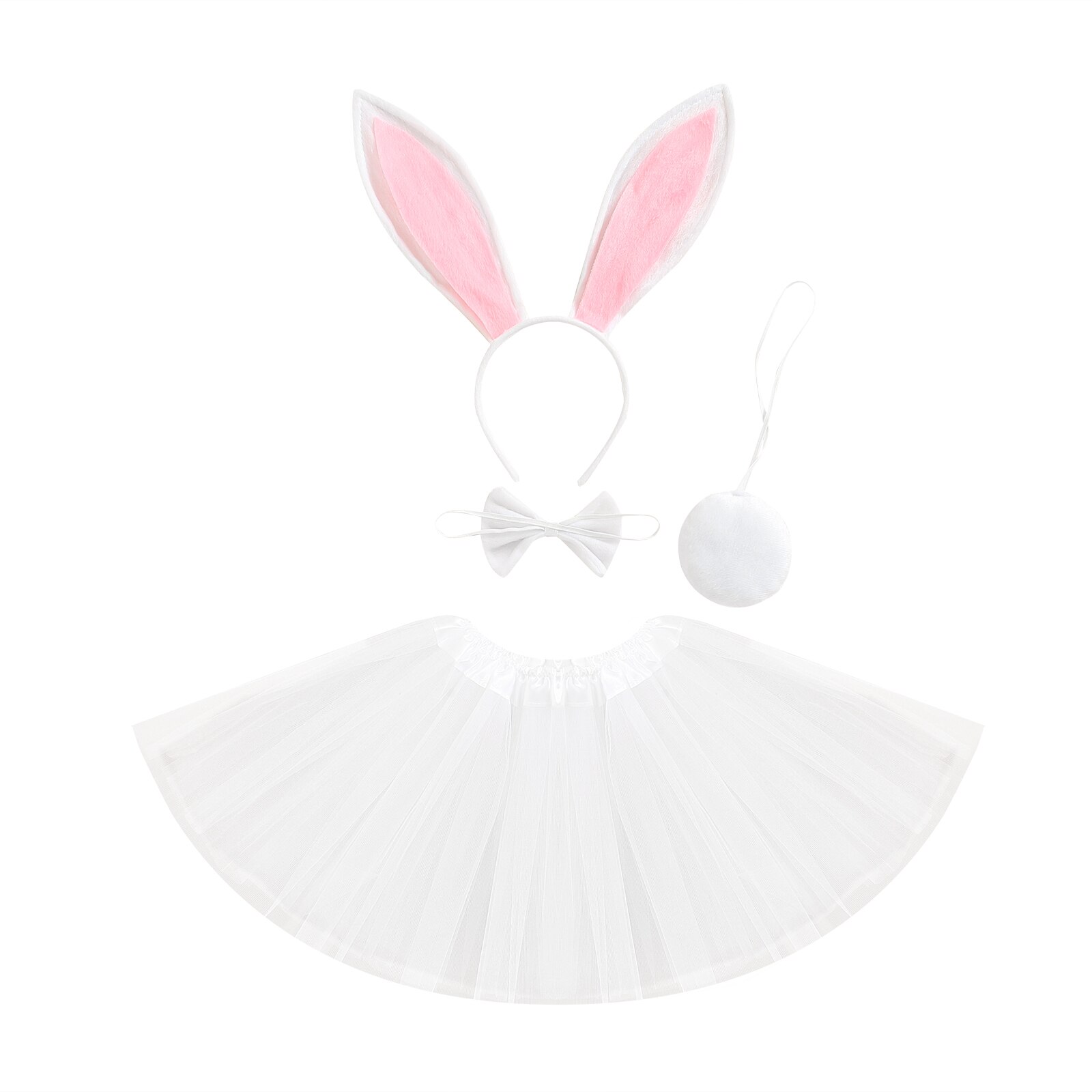 Vestiti per la fotografia della neonata del bambino, fascia per capelli coniglietto pasquale + papillon + coda + gonna in Tulle multistrato 0-3T: WHITE