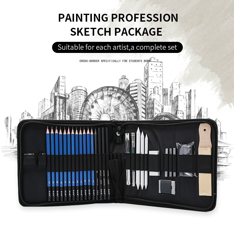 33pcs Sketch Pencil Set Sketching Drawing Kit Set Canvas Folded Carrying Bags For Painter School Students