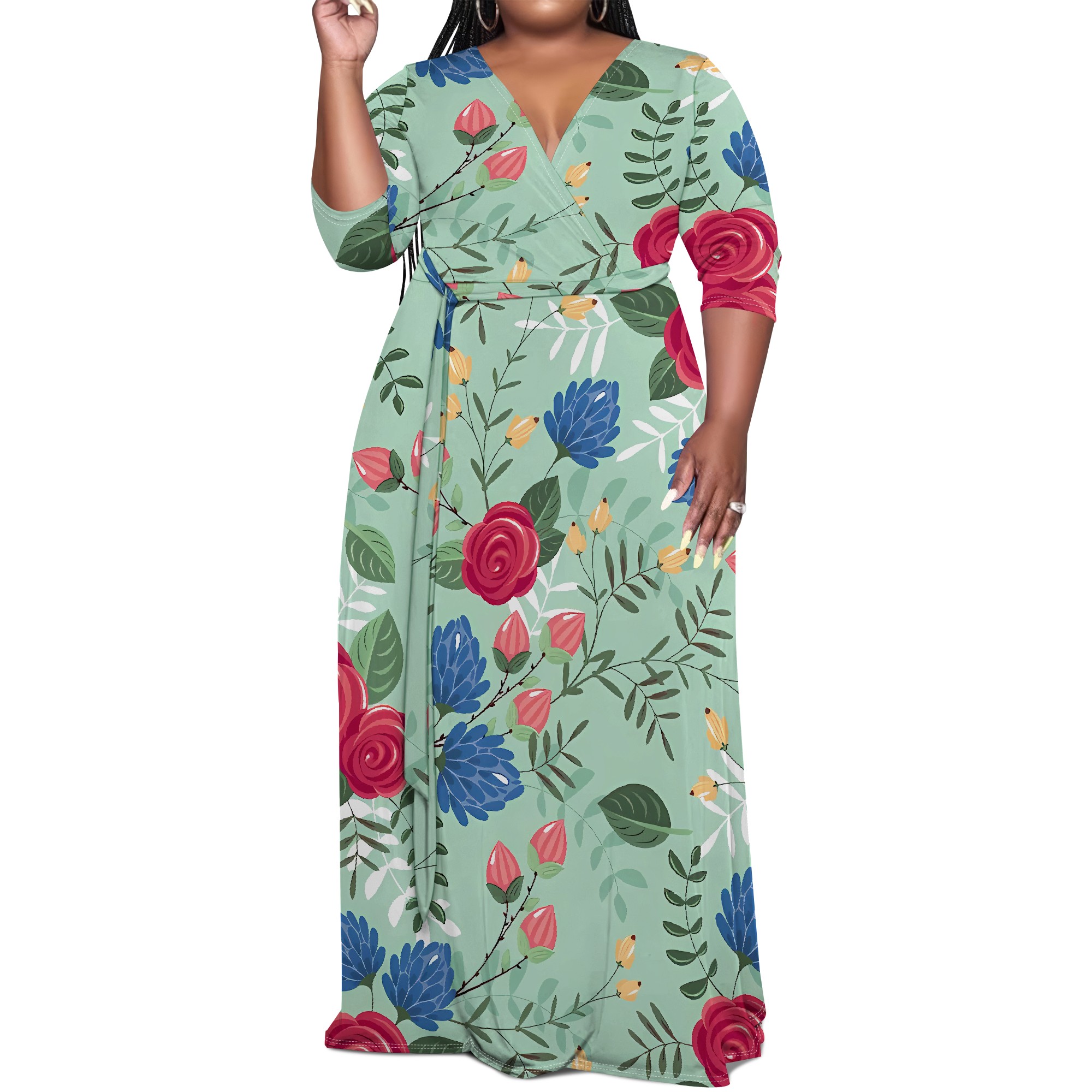 Plus size grøn blomsterprint slå-om maxikjole til kvinder sommer afslappet ferietøj