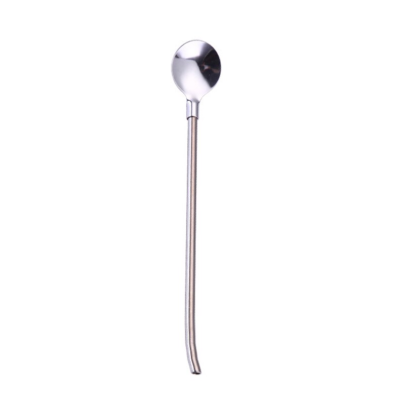 Pajitas reutilizables para beber, cuchara de acero inoxidable, pajilla de bebida larga, portátil, Color arcoíris, cuchara agitadora de cóctel: silver