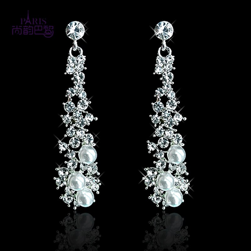 Bruid Bruiloft Sieraden Luxe Full Strass Kristal Clip Op Oorbellen Lange Gesimuleerde Pearl Earring Zonder Doorboord Oor Clip