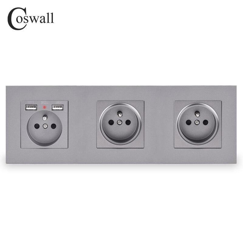 Coswall tredobbelt fransk standard stikkontakt med 2 usb opladningsport skjult blød led-indikator  e20- serie pc-panel sort hvid grå