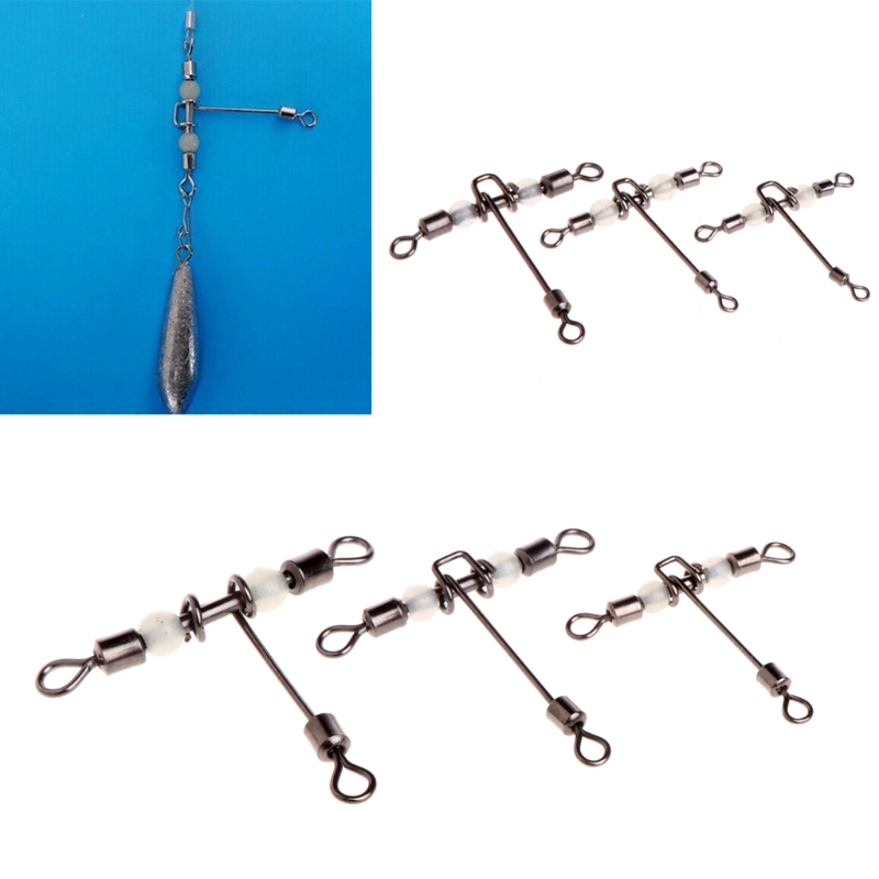 5pcs 3 Way Luminous T-shape Rolling Swivel With Beads Fishing Swivels Connector