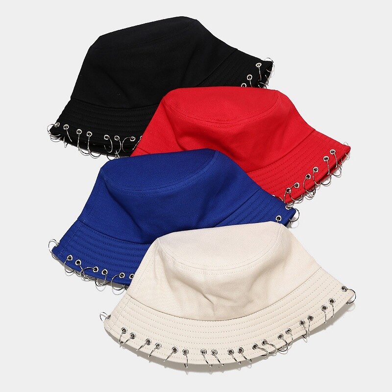 Harajuku Hip Hop Solid Color Bucket Hat Spiked Rivets Metal Rings Outdoor Wide Brim Sunscreen Fisherman Cap Women Man Panama