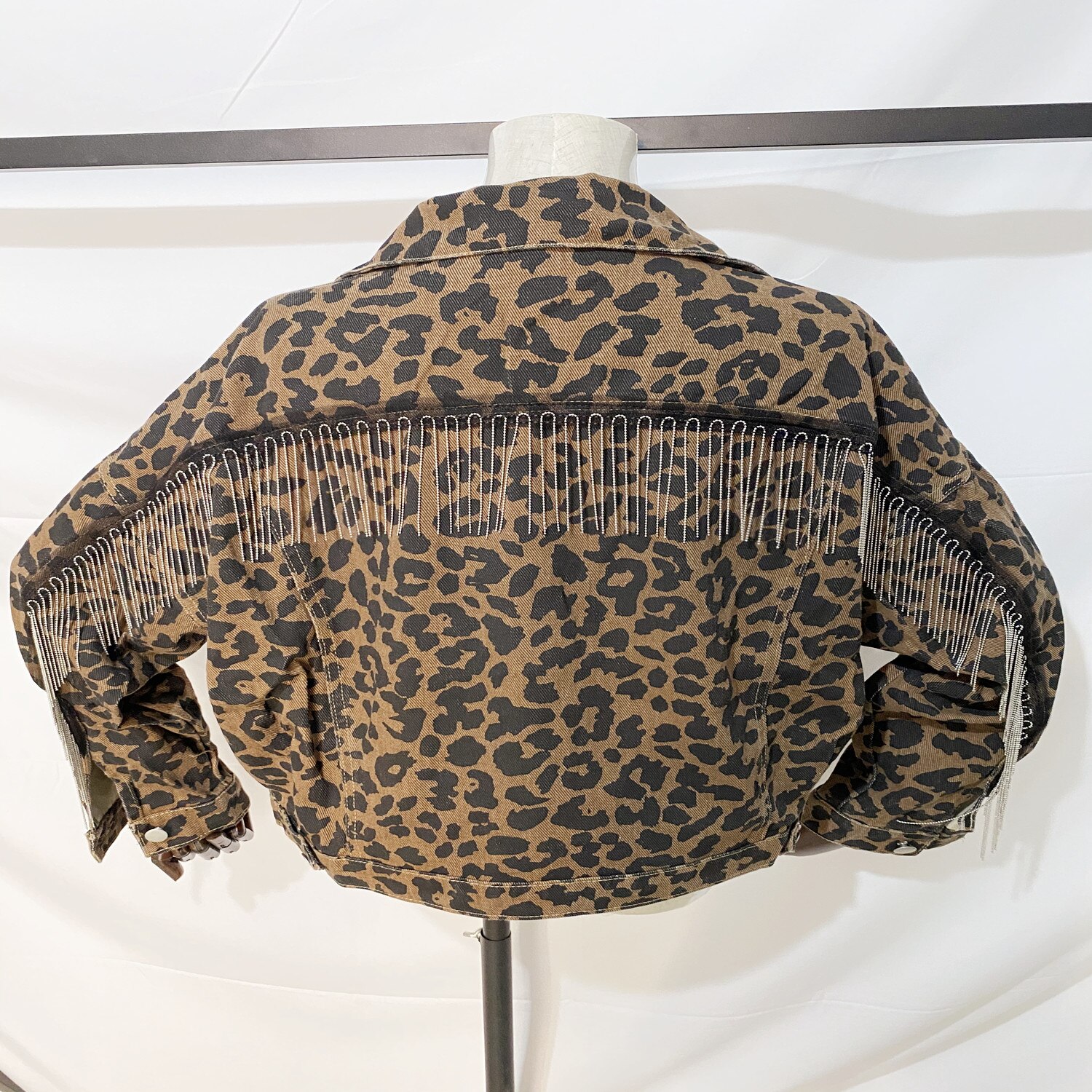 Fladdermus ärm rygg fransad jeansjacka kvinnlig vår och höst koreansk version lös bf wind leopard student kort jacka