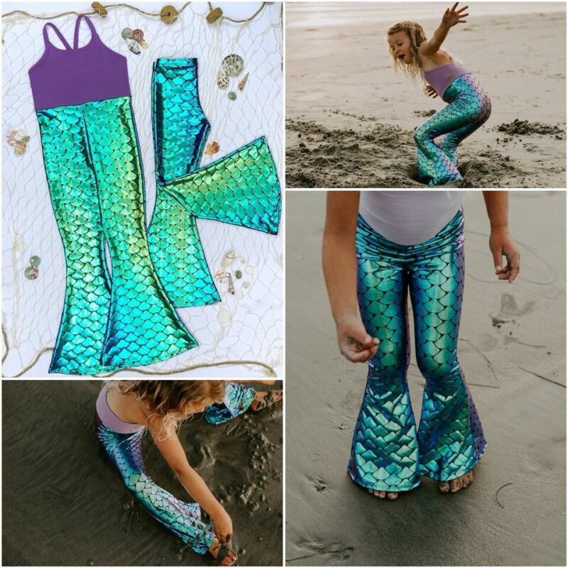 Kid Girls Shiny Mermaid Leggings Metallic Fish Scale Pants Fancy Dress Party