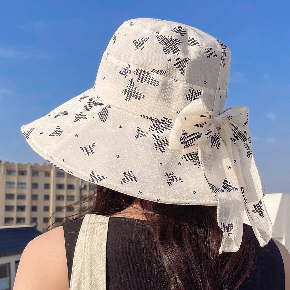 Vrouwen Zomer Zonnehoed Mode Boog Vlinder Print Zon Cap Vrouwelijke Outdoor Zon Reizen Strand Emmer Hoed