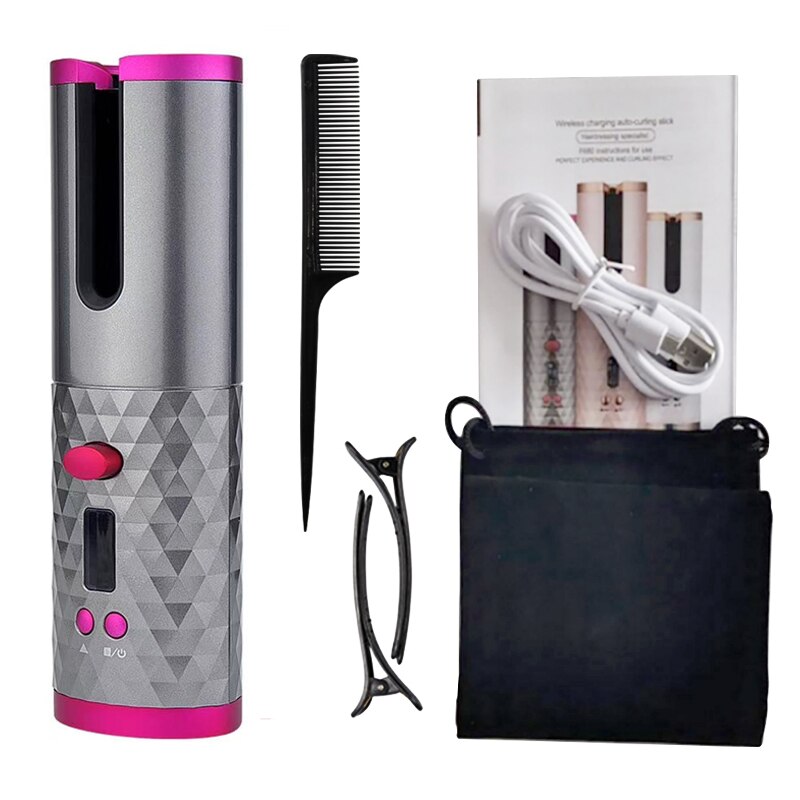 Hair Tools Portable Wireless Automatic Curling Iron Hair Curler USB Rechargeable with LCD Display for Woman: Type 1 Black