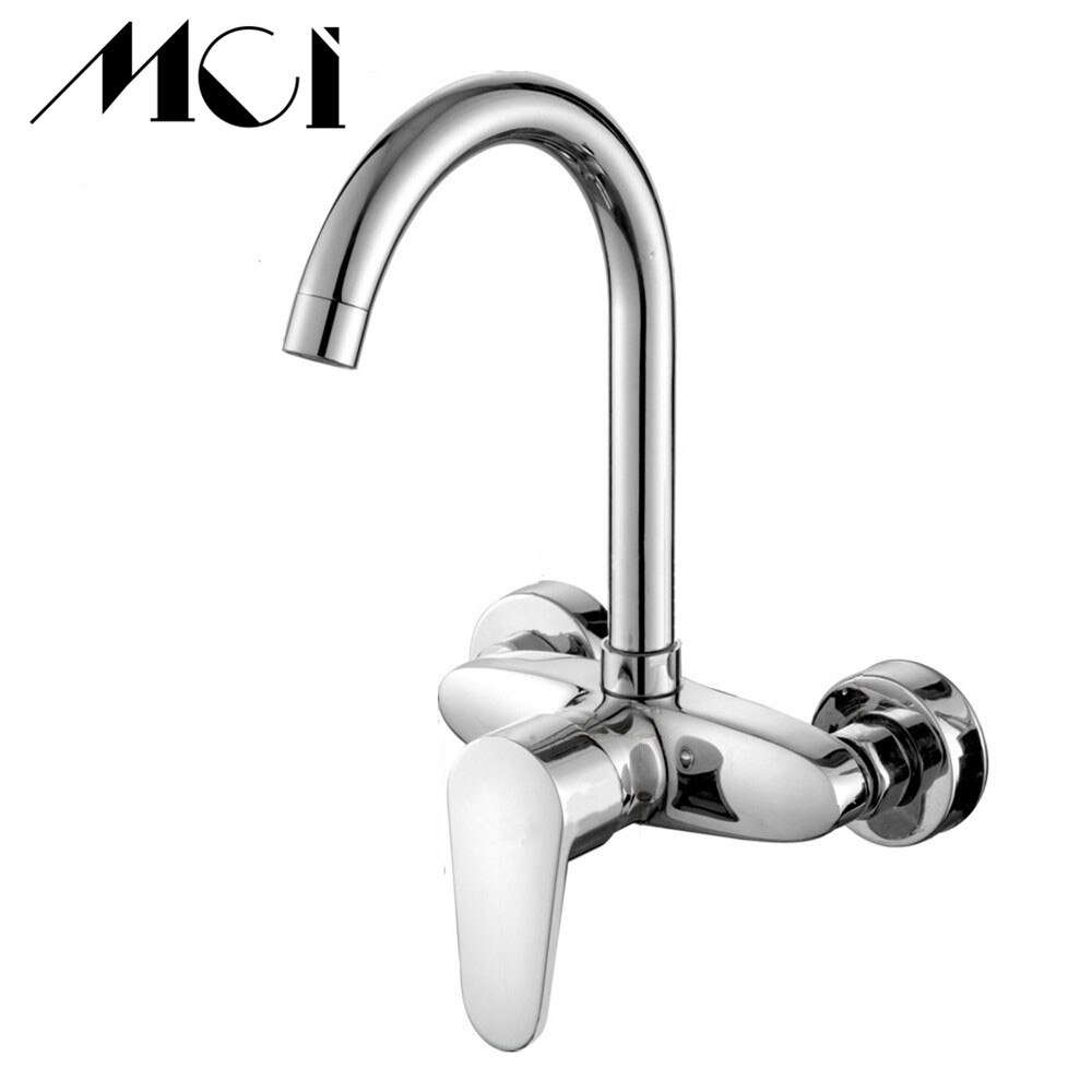 Chrome Dubbele Gaten Enkele Handgreep tap 360 Graden Rotatie Wall Mounted Koud en Warm Water Zuivering keuken kraan Mci
