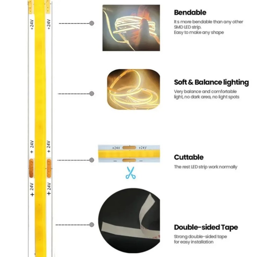 Bande lumineuse LED COB Ultra fine de 8MM, avec prise DC 12V 24V/fil 2 broches, éclairage linéaire à intensité variable, lampe haute densité, décoration