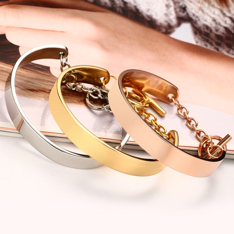 Vnox Individuality ID Bracelets & Bangles Shiny Stainless Steel Adjustable Women Jewelry/Rose/Gold-color