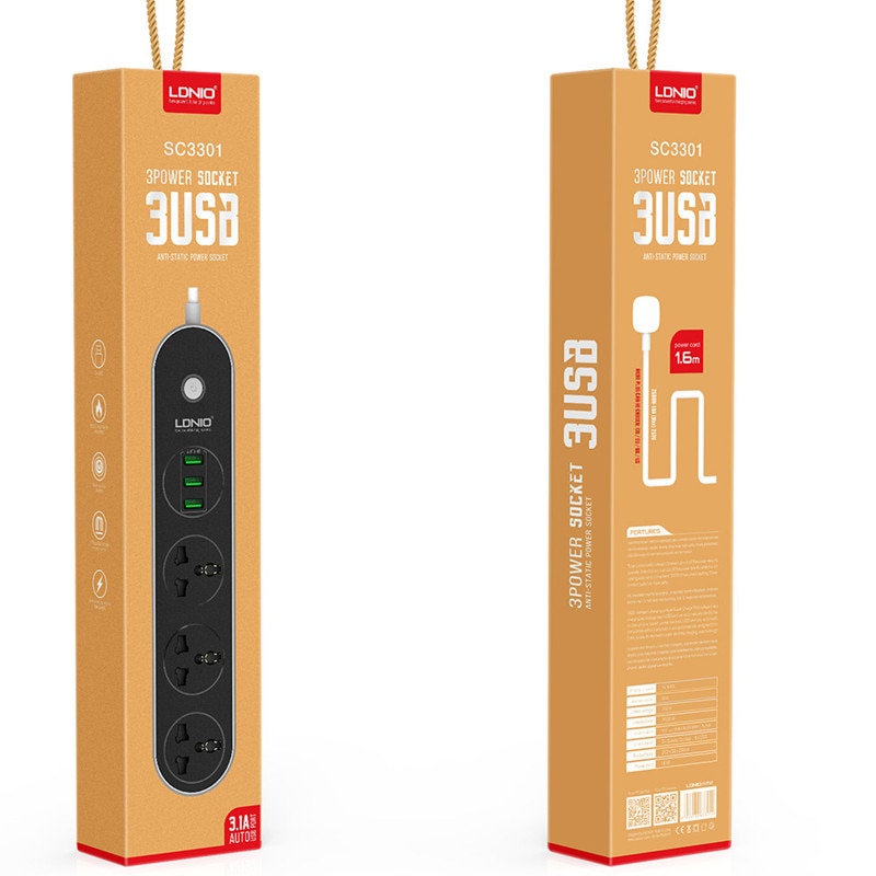 Ldnio smart usb stikkontakt eu/uk plugg 3 uttak 3 havn usb lader 1.5m strømledning vegglader adapter til telefon hjemme