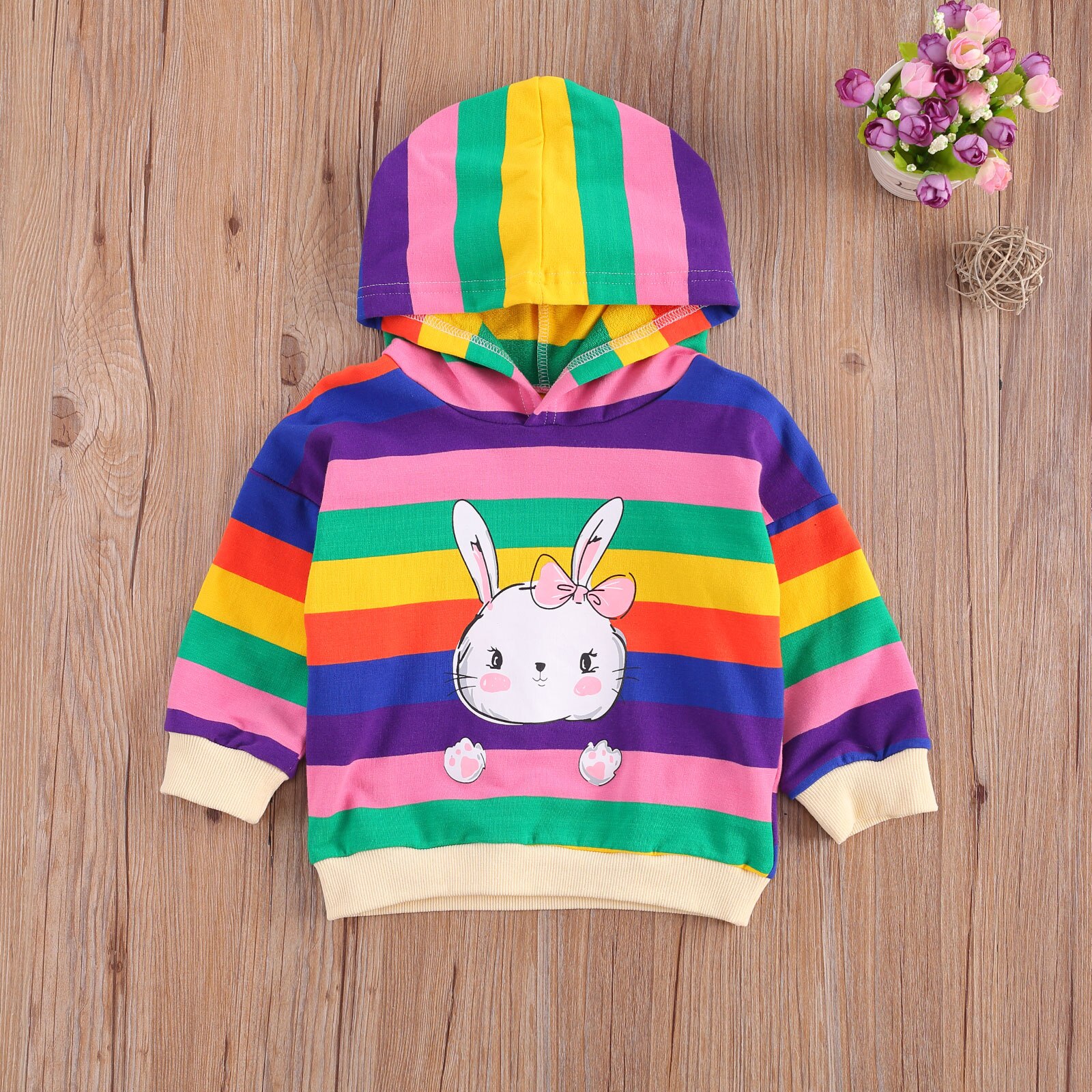 Baby Girl Striped Hooded Coats Infant Striped Sweater, Baby Casual Style Long Sleeve Rabbit Pattern Hooded Pullover 1-6 Years