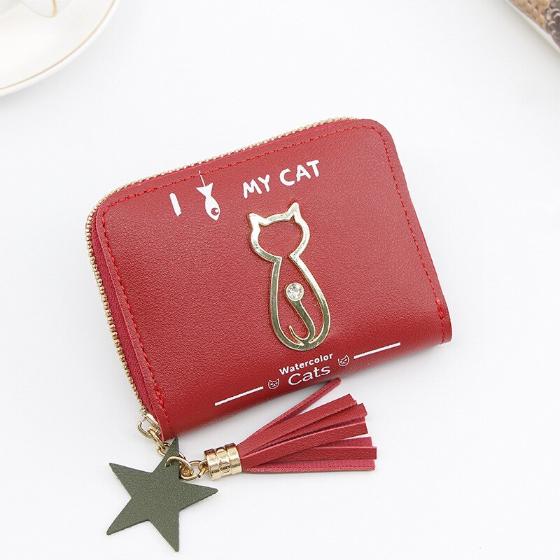 Portemonnee dames mini kwastjes portemonnee dames mini portemonnees koreaanse studenten mooie metalen katten portemonnee dames kleine portemonnees: Rood