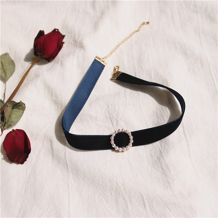 Vintage Pearl Velvet Chokers naszyjniki dla kobiet dziewczyn śliczne Retro geometryczne serce kołnierz naszyjnik biżuteria sztuczna hurtownia prezent: N0461 Blue Round