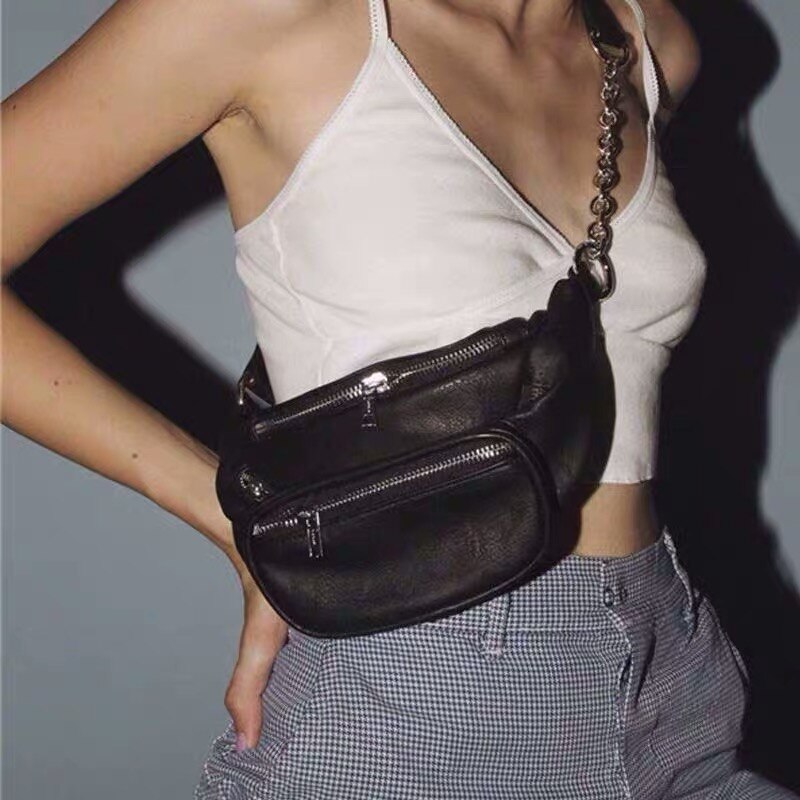 Riñoneras de cuero con cadena para niñas, bolsos de cintura de viaje con bolsillos, de de , color blanco y negro