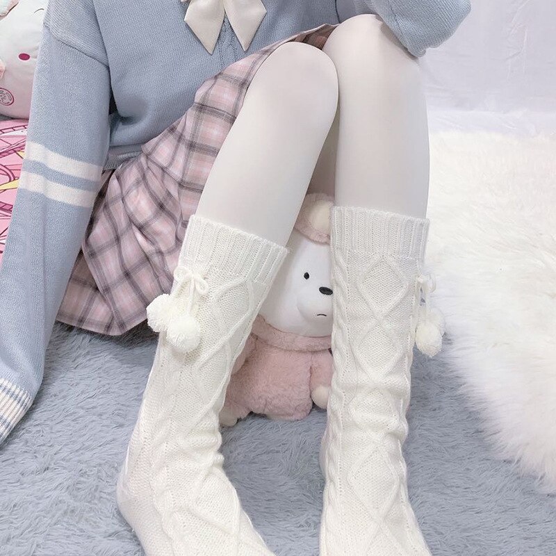 Blanco sólido Lovey, calentador de piernas para mujer, bonito calcetín de calle Jk para estudiante, Otoño Invierno , largo hasta la pantorrilla, tejido de acrílico para mujer: sock