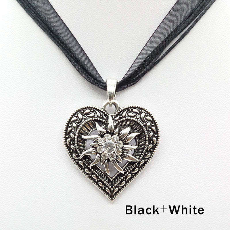 Vintage Carved Heart Edelweiss Flower Pendant Necklace Oktoberfest Beer Maid Costume Necklace Jewelry: black white