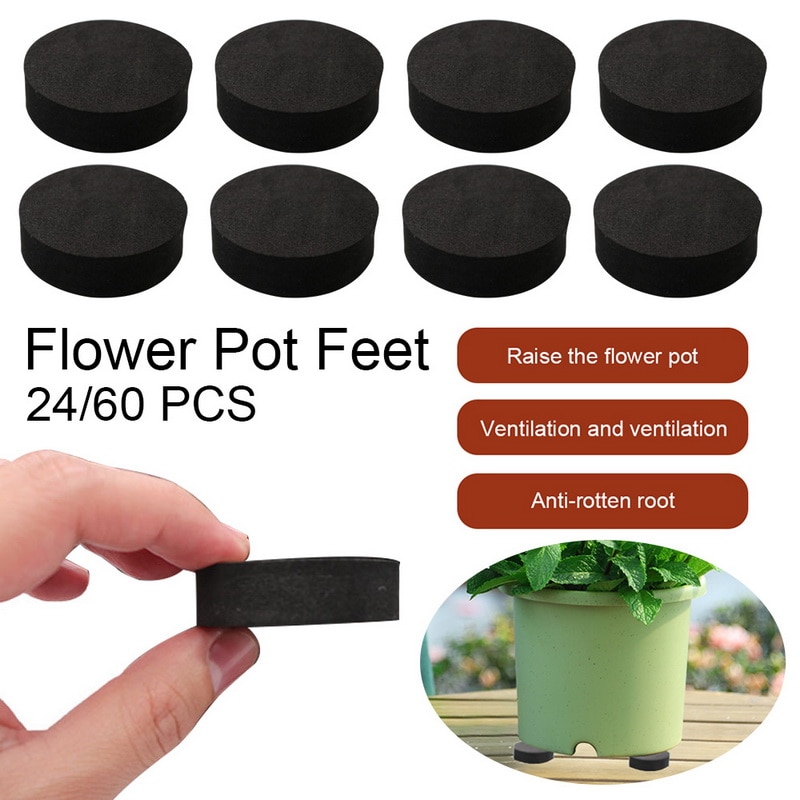 24/60pcs Flower Flower Pot Feet Risers Natural Rubber Pot Mat Invisible Plant Pots Risers Pad Flower Pot Feet Black