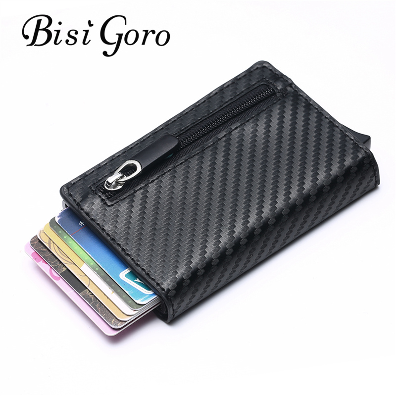 Bisi goro nova carteira rfid 2019, caixa de alumínio antifurto, porta-cartão, couro sintético, porta-moedas, fibra de carbono