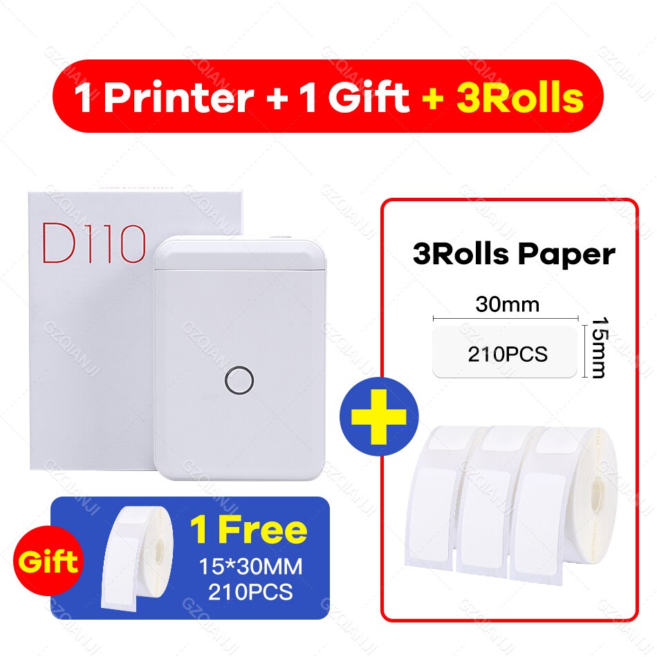 Niimbot  d110 etiketprinter mini klistermærke papirrulle transparenter trådløs bluetooth telefonprinter etiket prisskilt udskrivning etiket: Tilføj 3 hvide etiketter a