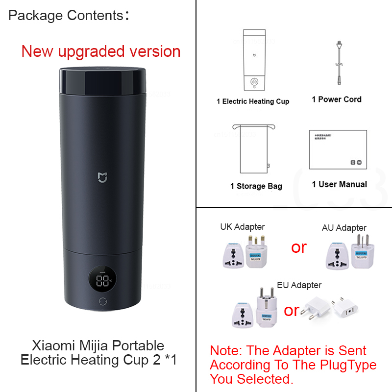 XIAOMI MIJIA Portable Electric Heating Cup 2 Upgraded Version,LED Screen，Electric Kettle,Chinese Version With Adapter: SKY BLUE / AU